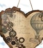 Steampunk Hot Air Balloon Wooden Heart Wall Hanging, Mixed Media Art, Eco-Friend - Image 4