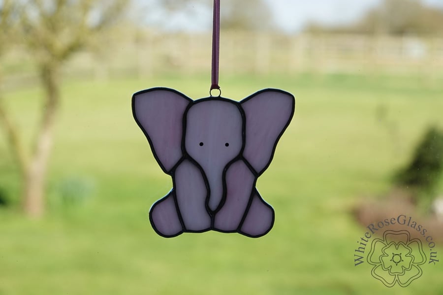 Stained Glass Pink Sitting Baby Elephant Suncatcher