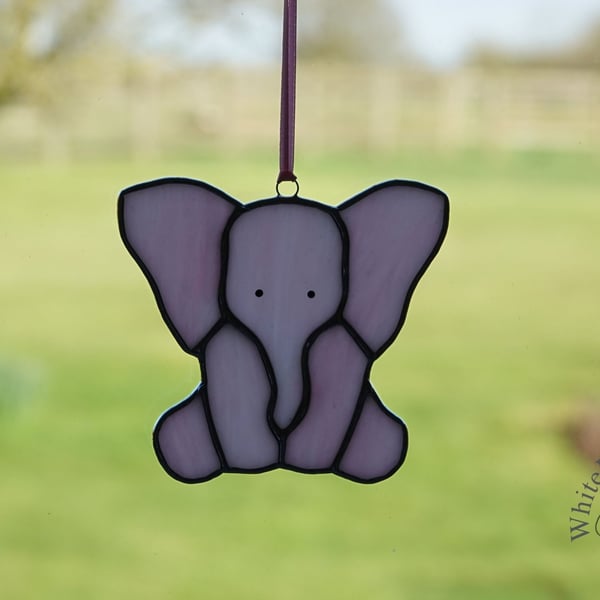 Stained Glass Pink Sitting Baby Elephant Suncatcher
