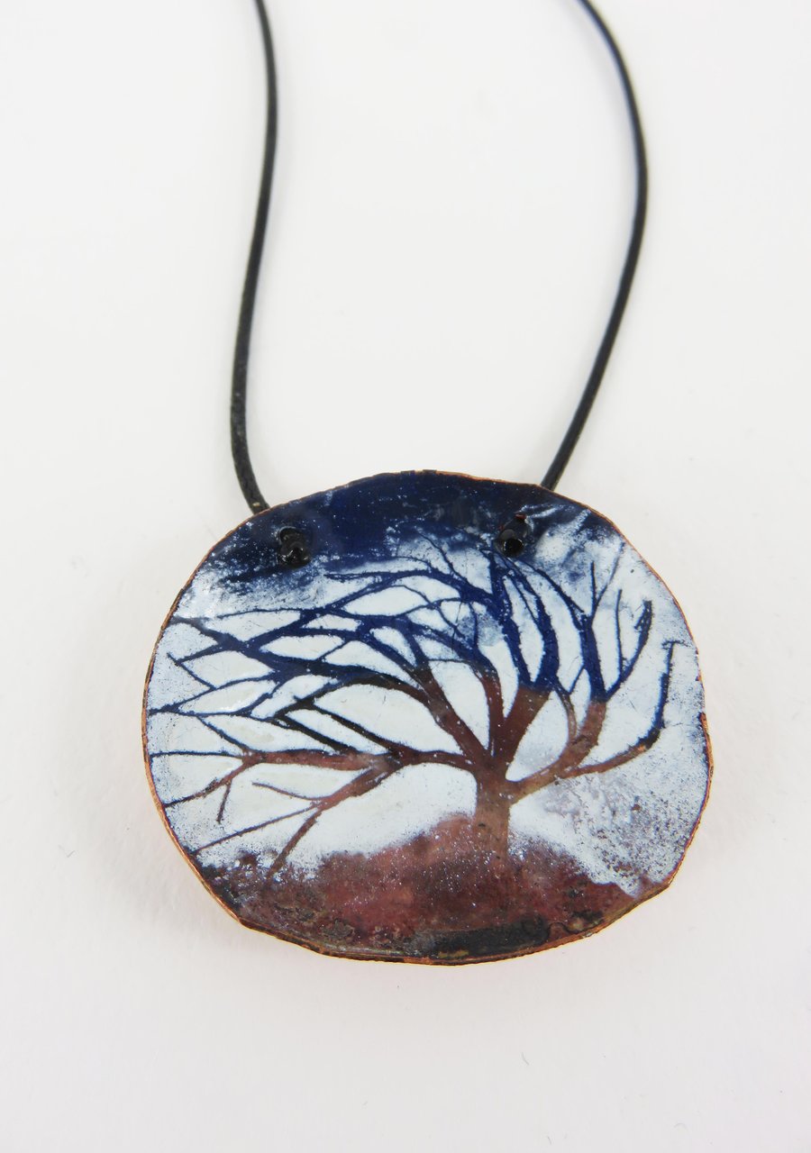 Oval domed hand drawn tree pendant in copper and enamel