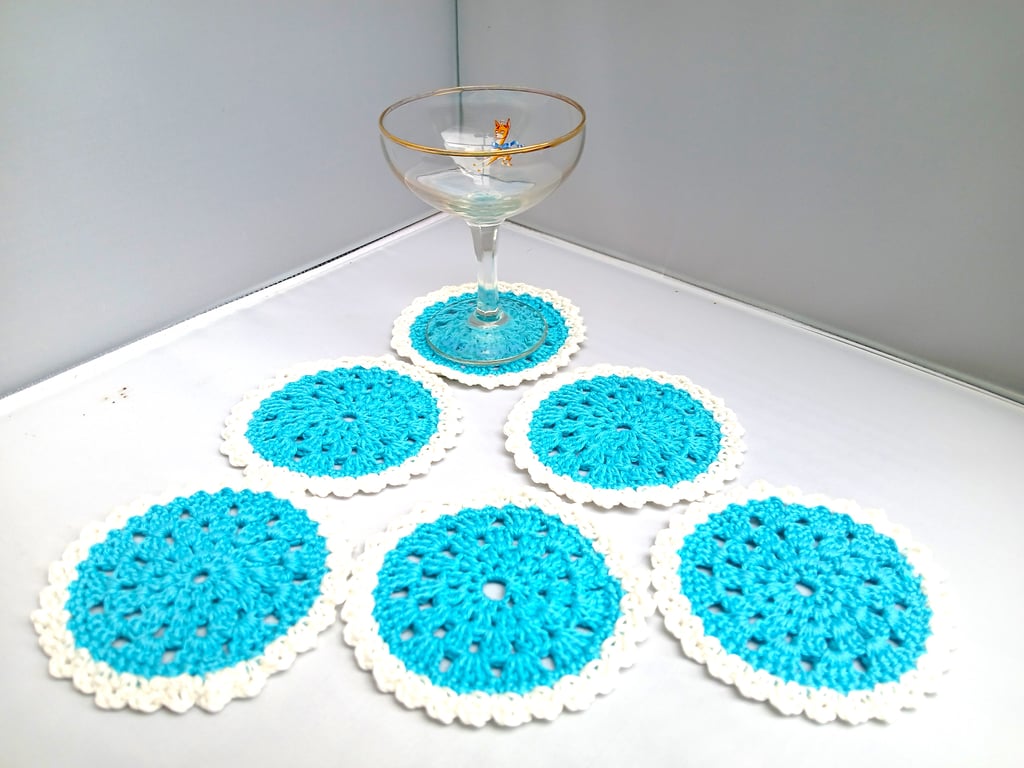 Coasters Crochet Set of 6 in Turquoise and White