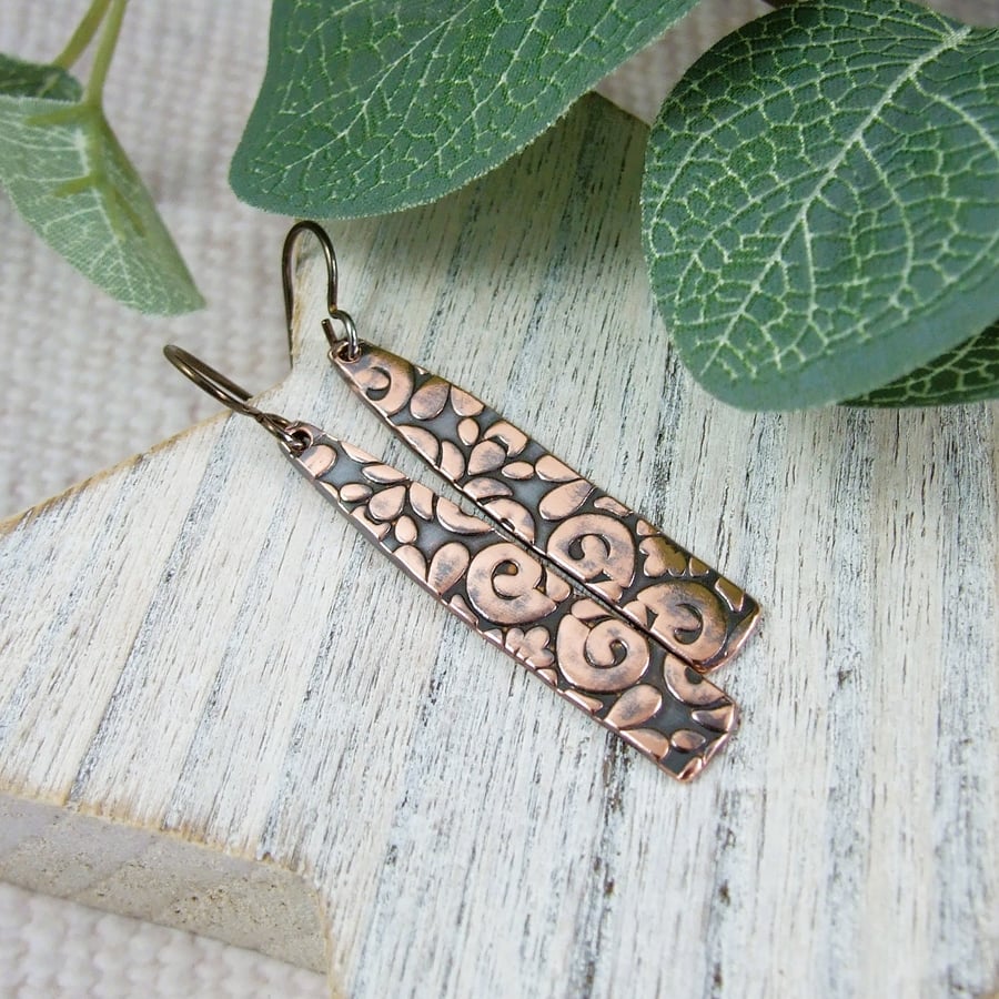 Copper Earrings, Patterned Bar Droppers with Niobium Ear Wires