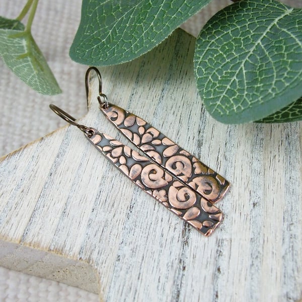 Copper Earrings, Patterned Bar Droppers with Niobium Ear Wires