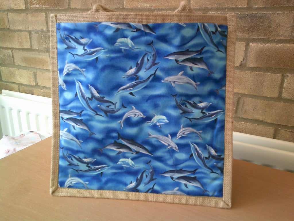 Medium Jute Bag with Shoal of Dolphins Fabric pocket