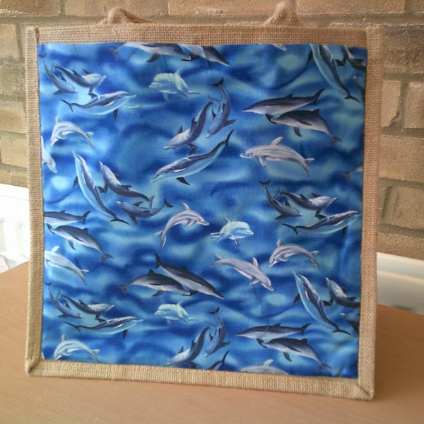 Medium Jute Bag with Shoal of Dolphins Fabric pocket