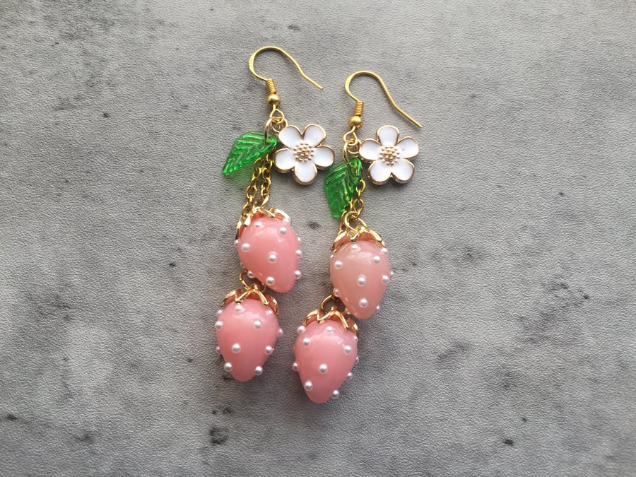 Strawberry Earrings, Dangle Food Earrings, Fruit Jewellery, Pink