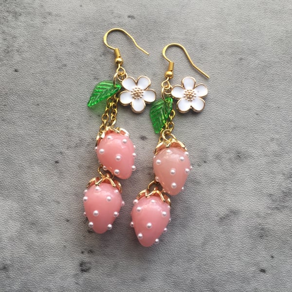 Strawberry Earrings, Dangle Food Earrings, Fruit Jewellery, Pink