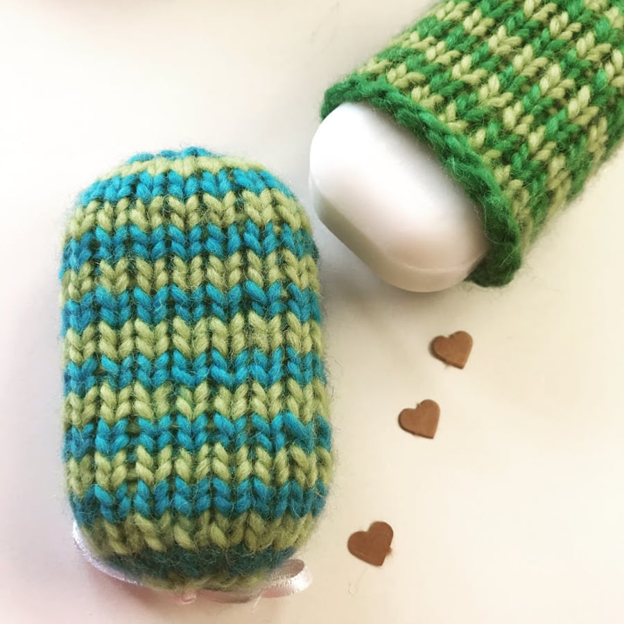 Hand knitted self felting soap sock - Blue and Green - eco friendly