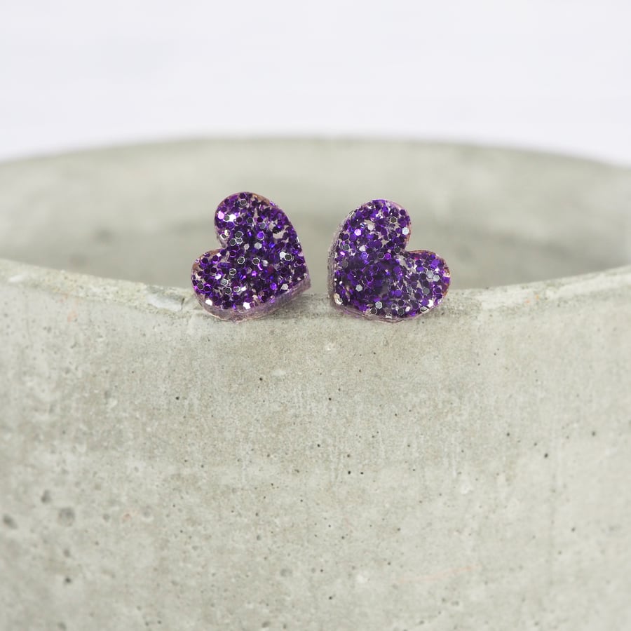 Purple glitter small heart studs, Hypoallergenic titanium posts