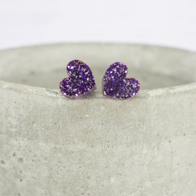 Purple glitter small heart studs, Hypoallergenic titanium posts