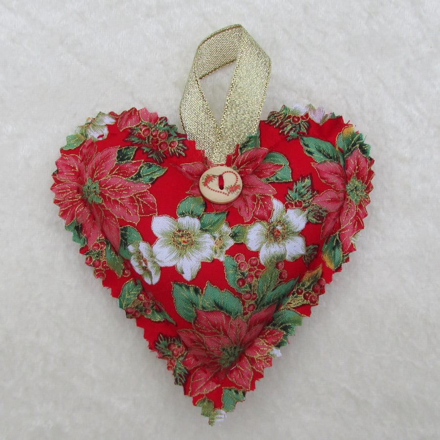 Hanging heart Christmas tree decoration - red, cream, green and gold fabric