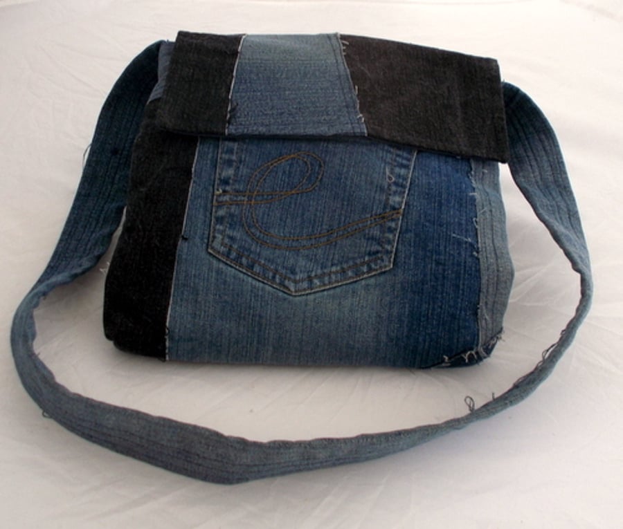 Recycled denim jeans messenger style bag