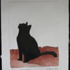 Cute little black cat drypoint etching with watercolour