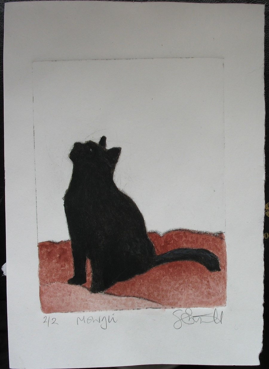 Cute little black cat drypoint etching with watercolour
