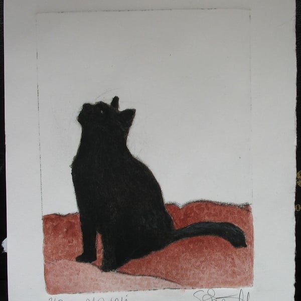 Cute little black cat drypoint etching with watercolour