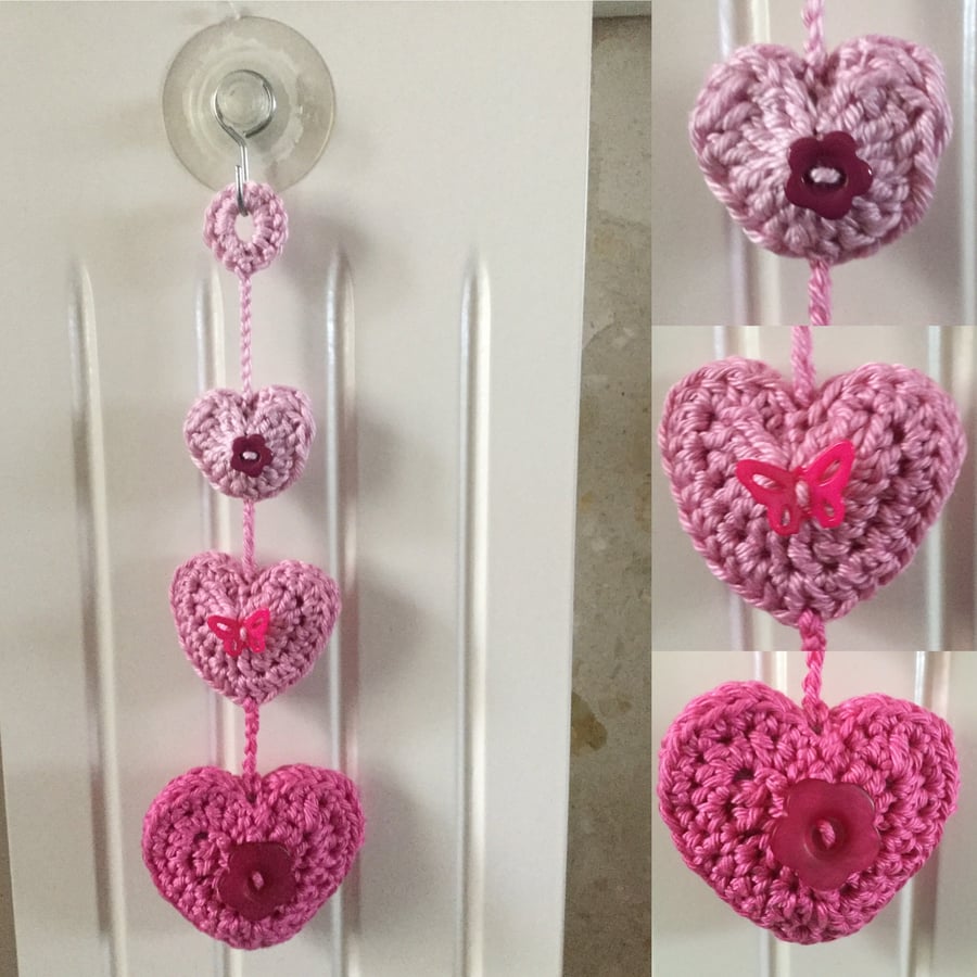 Crochet Hanging Hearts Nursery Decoration in Pink