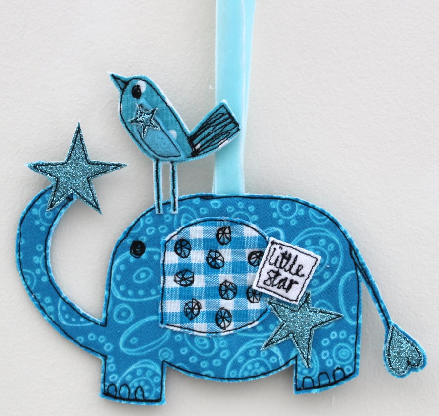 'Mr Elephant, little star' Hanging Fabric Decoration