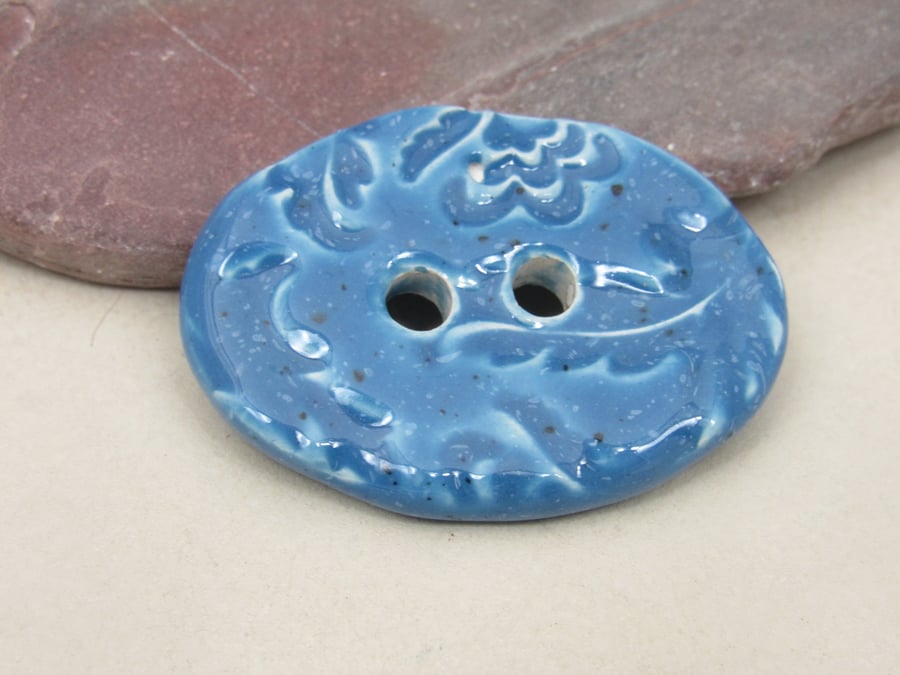 Large Cornflower Blue Brocade Oval Handmade Ceramic Button