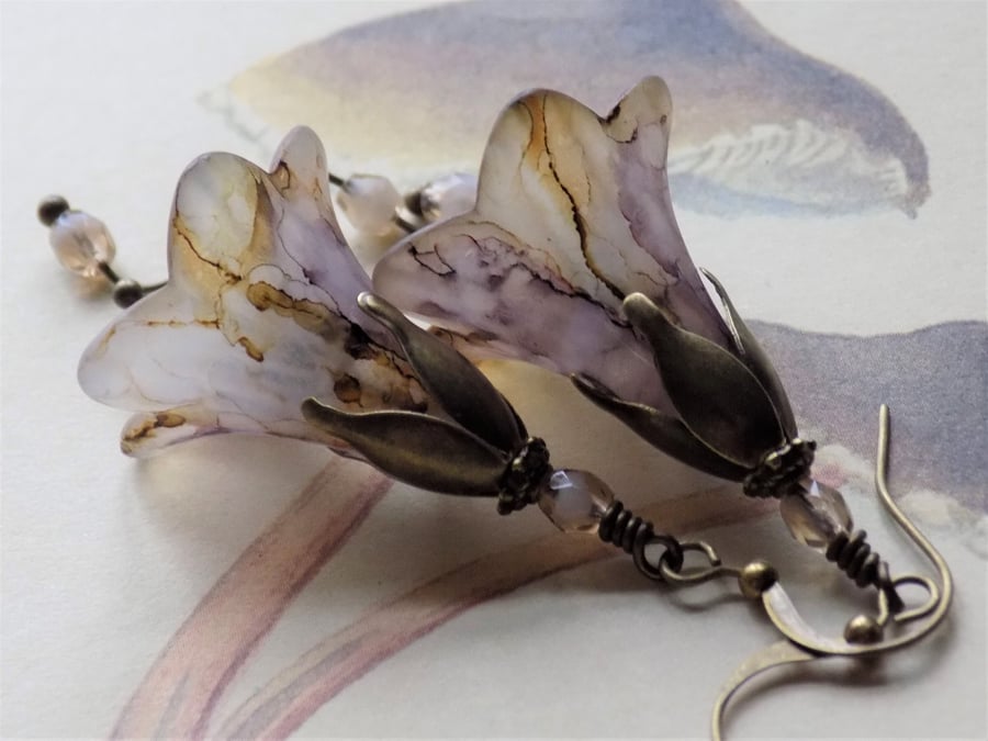 Mushroom and Purple "Toadstool", Autumn Fall Hand Painted Lucite Flower Earrings