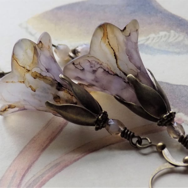 Mushroom and Purple "Toadstool", Autumn Fall Hand Painted Lucite Flower Earrings