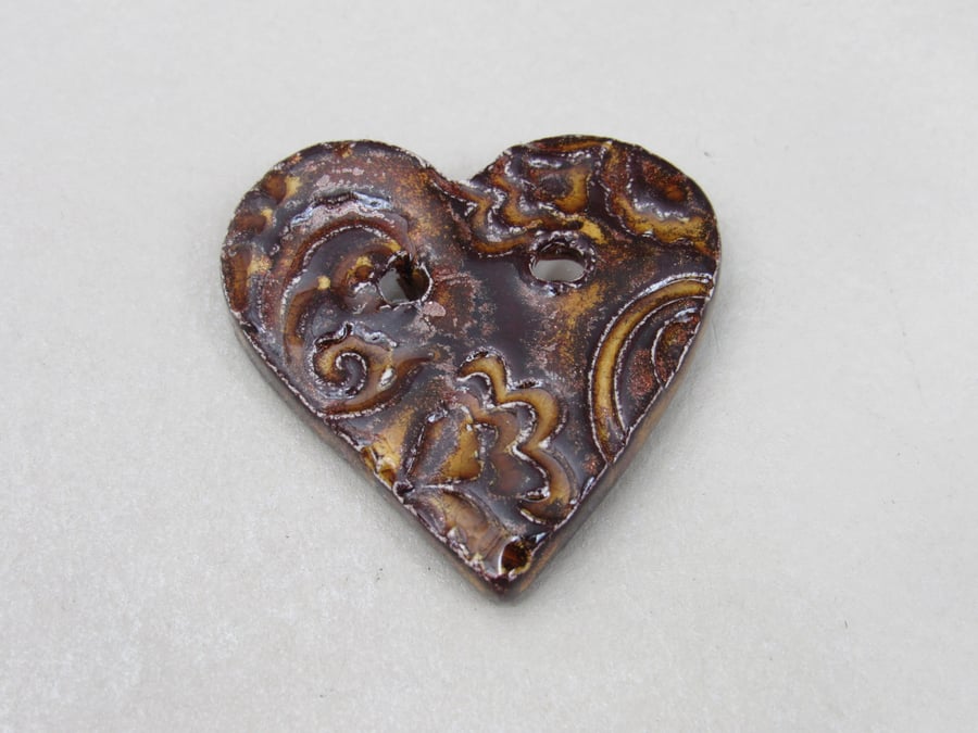 Medium Dark Copper Brocade Texture Heart Shaped Ceramic Button