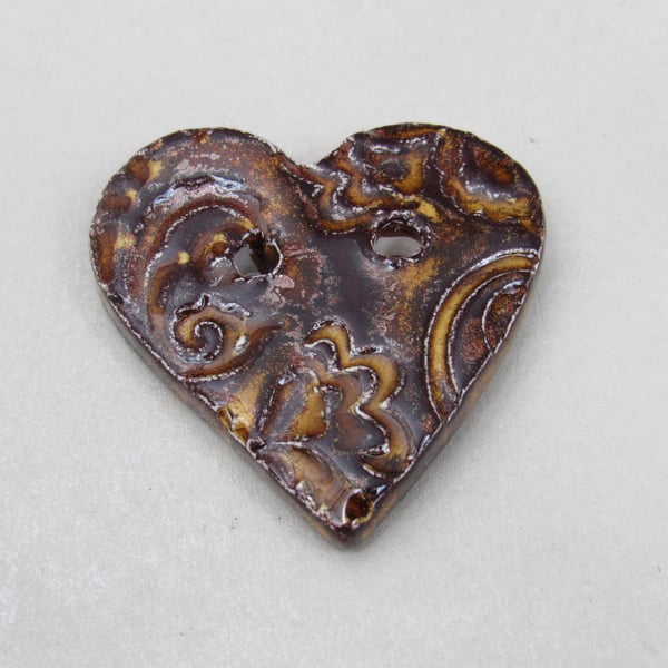 Medium Dark Copper Brocade Texture Heart Shaped Ceramic Button