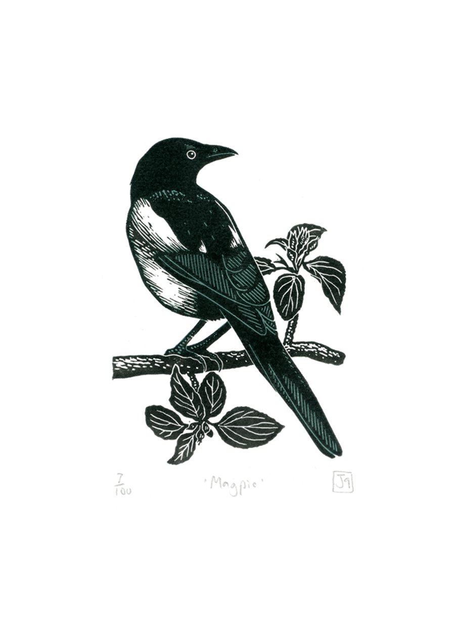 Magpie two-colour linocut print