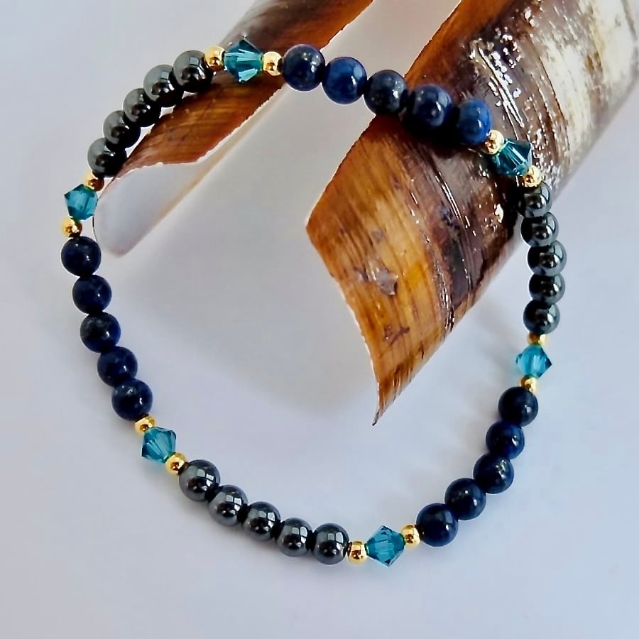Lapis Lazuli, Crystal & Hematite Bracelet - September Birthday, Gifts For Her