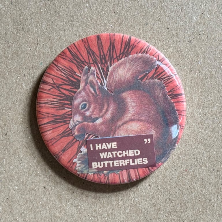 Collage pin badge - vintage book images & text - I have watched butterflies