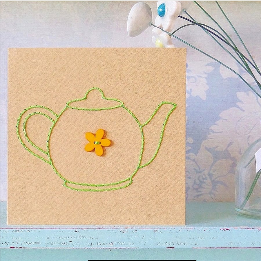 Teapot Card. Hand Sewn Card. Blank Card. Mothers Day Card. Teapots. 
