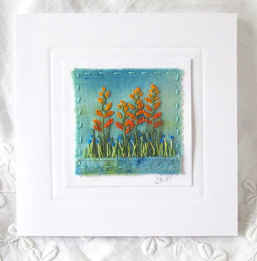 HAND EMBROIDERED GREETINGS CARD CROCOSMIA