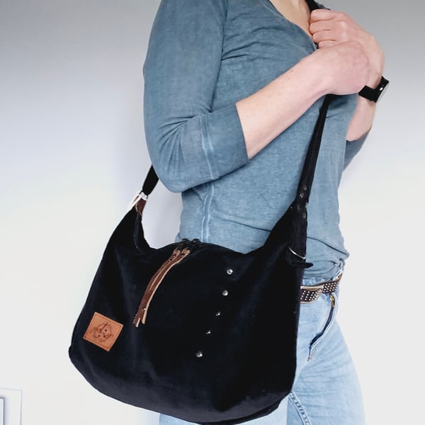 Corduroy crossbody bag,  Classic black crossbody handbag,  Casual wear bag 