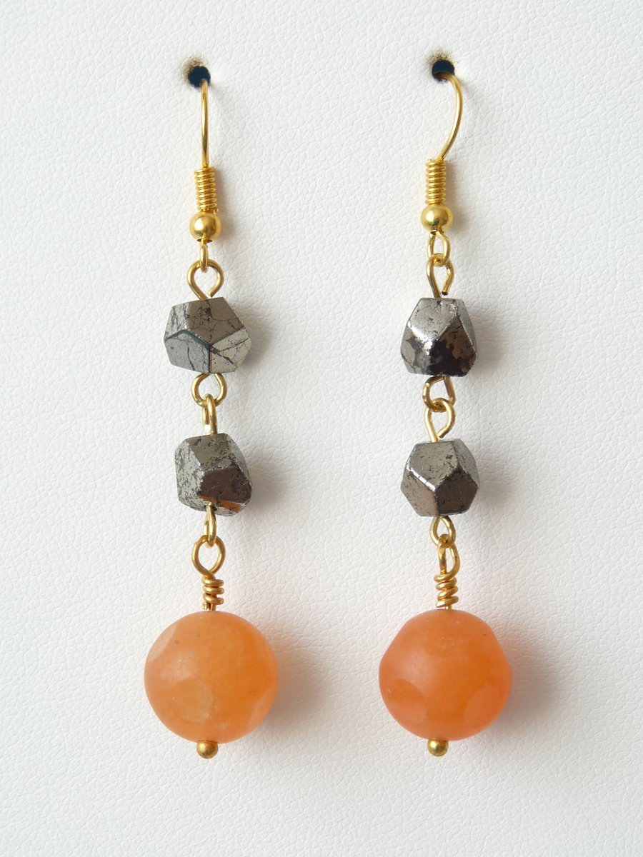 Orange Jade and Pyrite Dangle Earrings - Handmade - Genuine Gemstone