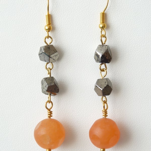 Orange Frosted Chinese Quartzite Jade and Pyrite Dangle Earrings 