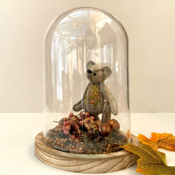 Miniature artist bear in cloche, glass dome Autumn display teddy bear 