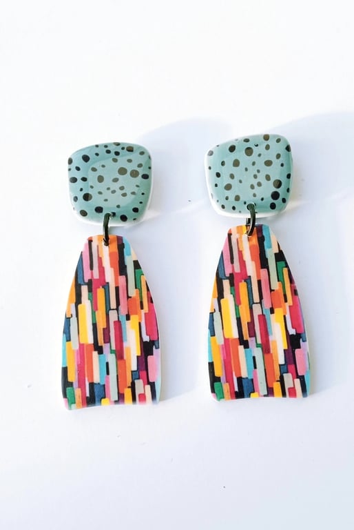 Abstract Colour Earrings with Block Polymer Clay Dangle - Teal Speckle