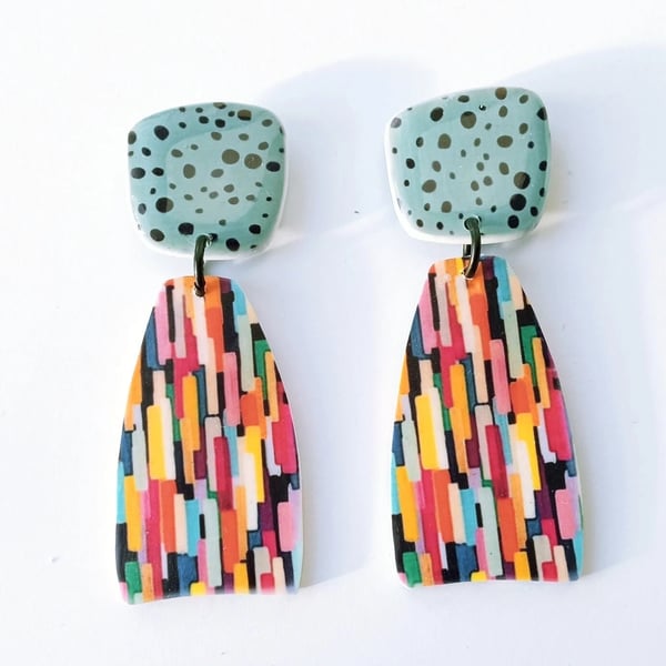 Abstract Colour Earrings with Block Polymer Clay Dangle - Teal Speckle