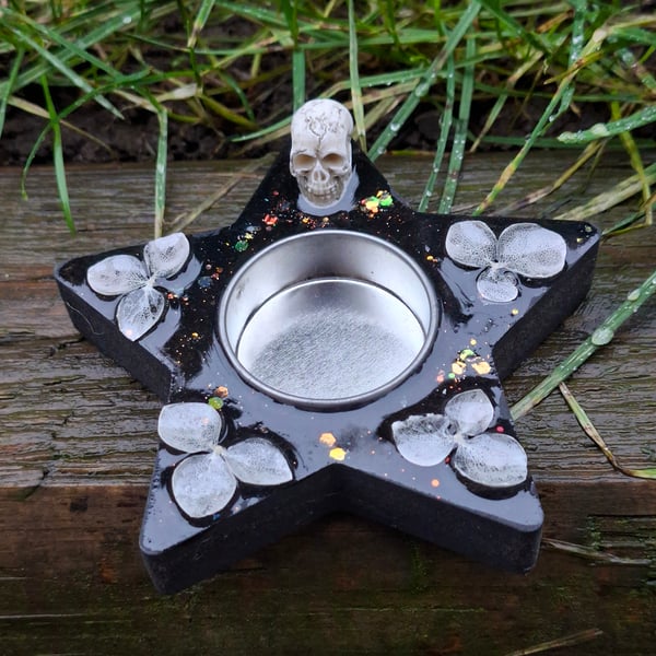 Candle Tealight Holder gothic home decor skull floral hydrangea spooky