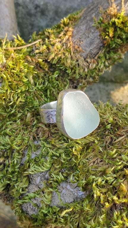 Sterling Silver 925 Seafoam Colour Seaham Seaglass Textured Band Ring 