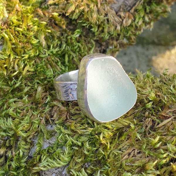 Sterling Silver 925 Seafoam Colour Seaham Seaglass Textured Band Ring 