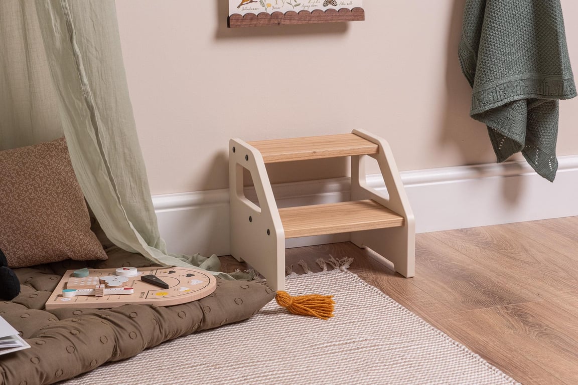 Kids Step Stool - Light Clay with Solid Oak Wood Steps.