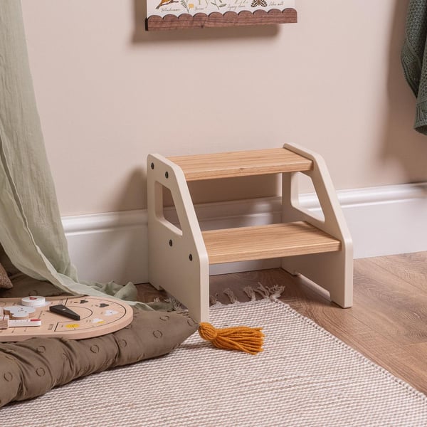 Kids Step Stool - Light Clay with Solid Oak Wood Steps.