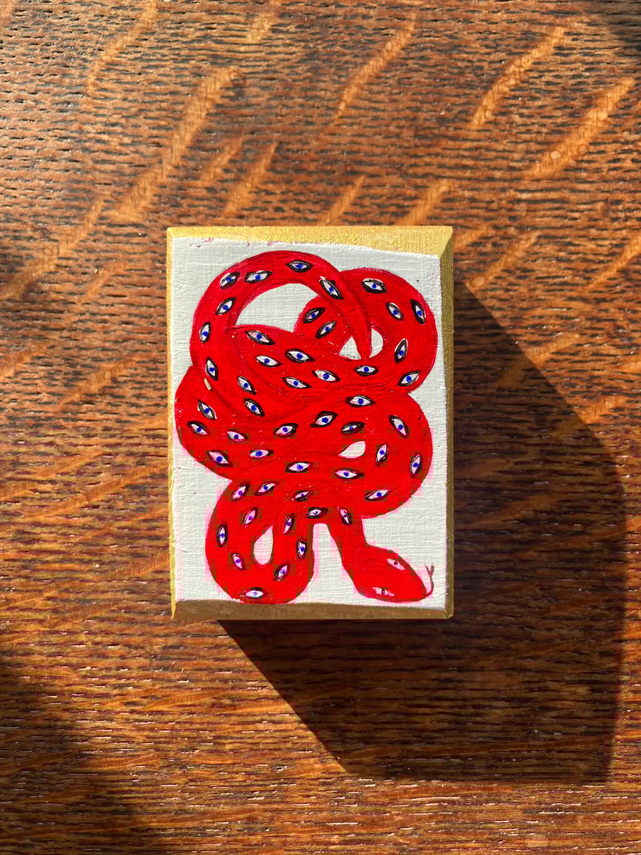 Red Spotted Snake, small wood icon style painting 
