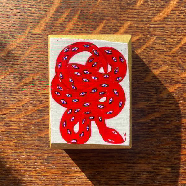 Red Spotted Snake, small wood icon style painting 