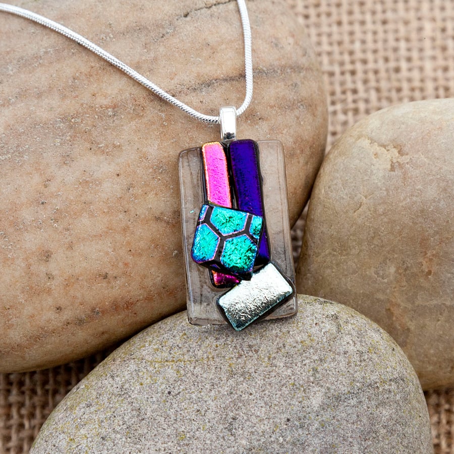 Multi-Coloured Textured Abstract Fused Glass Dichroic Pendant
