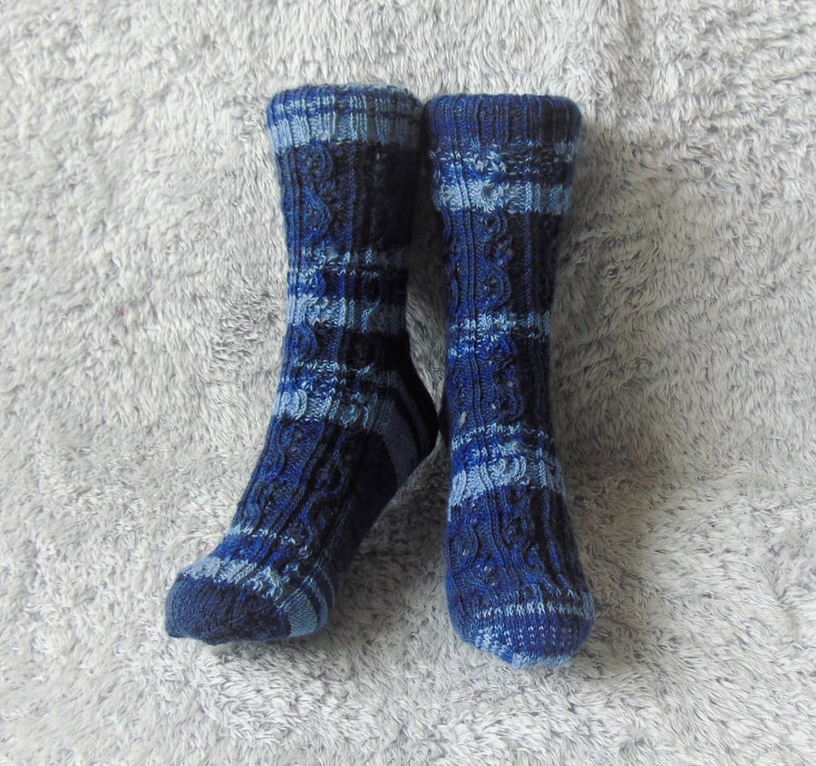 Blue Striped Socks, Warm Wool Socks, Hand Knitted Socks, Cosy Wool Blend Socks