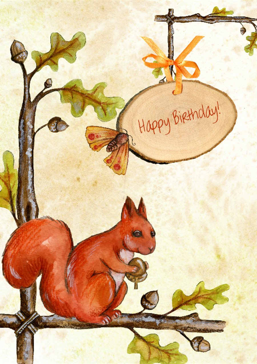 Nature birthday card, squirrel
