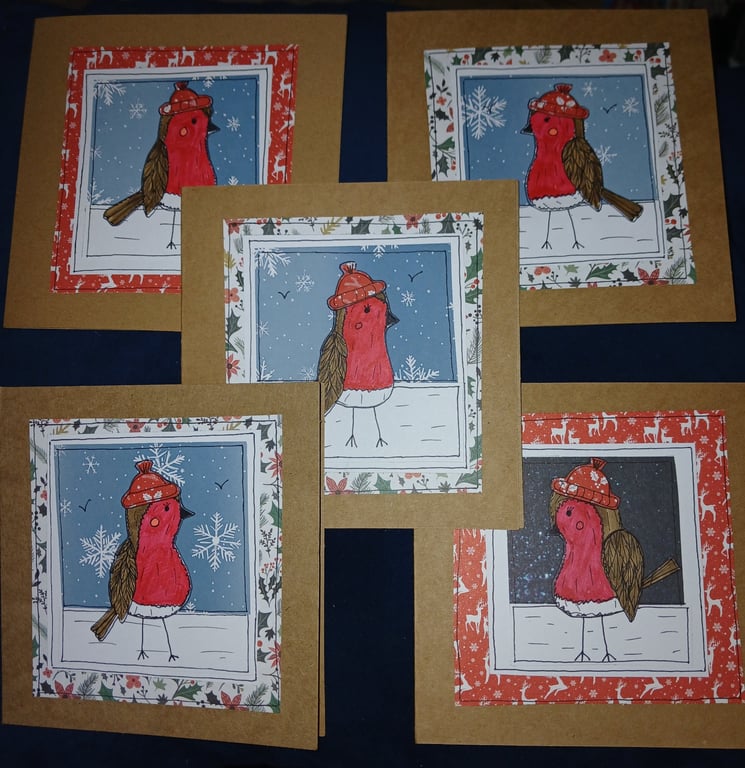 Quirky art, whimsical cute illustrated christmas Robins set of 5 cards