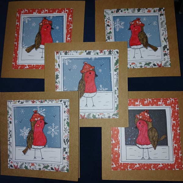 Quirky art, whimsical cute illustrated christmas Robins set of 5 cards
