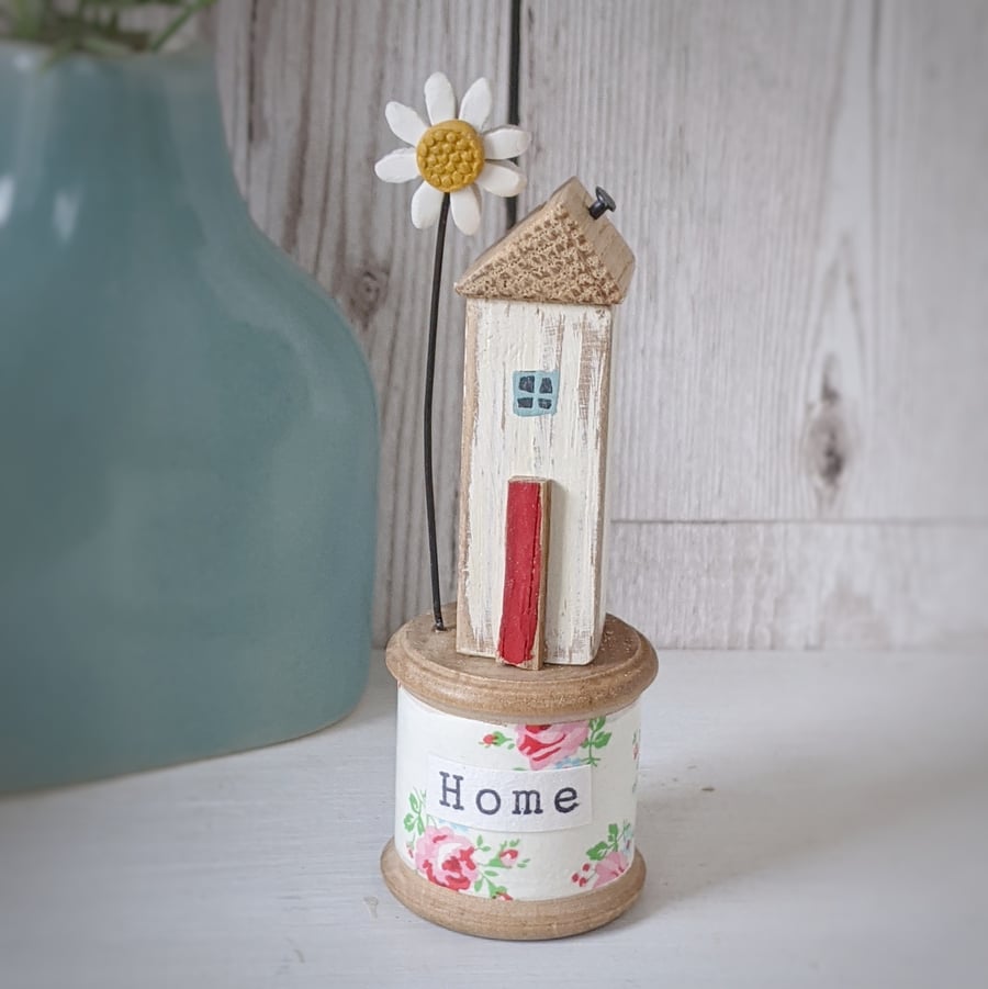 Wooden House on a Vintage Floral Bobbin with Daisy 'Home'
